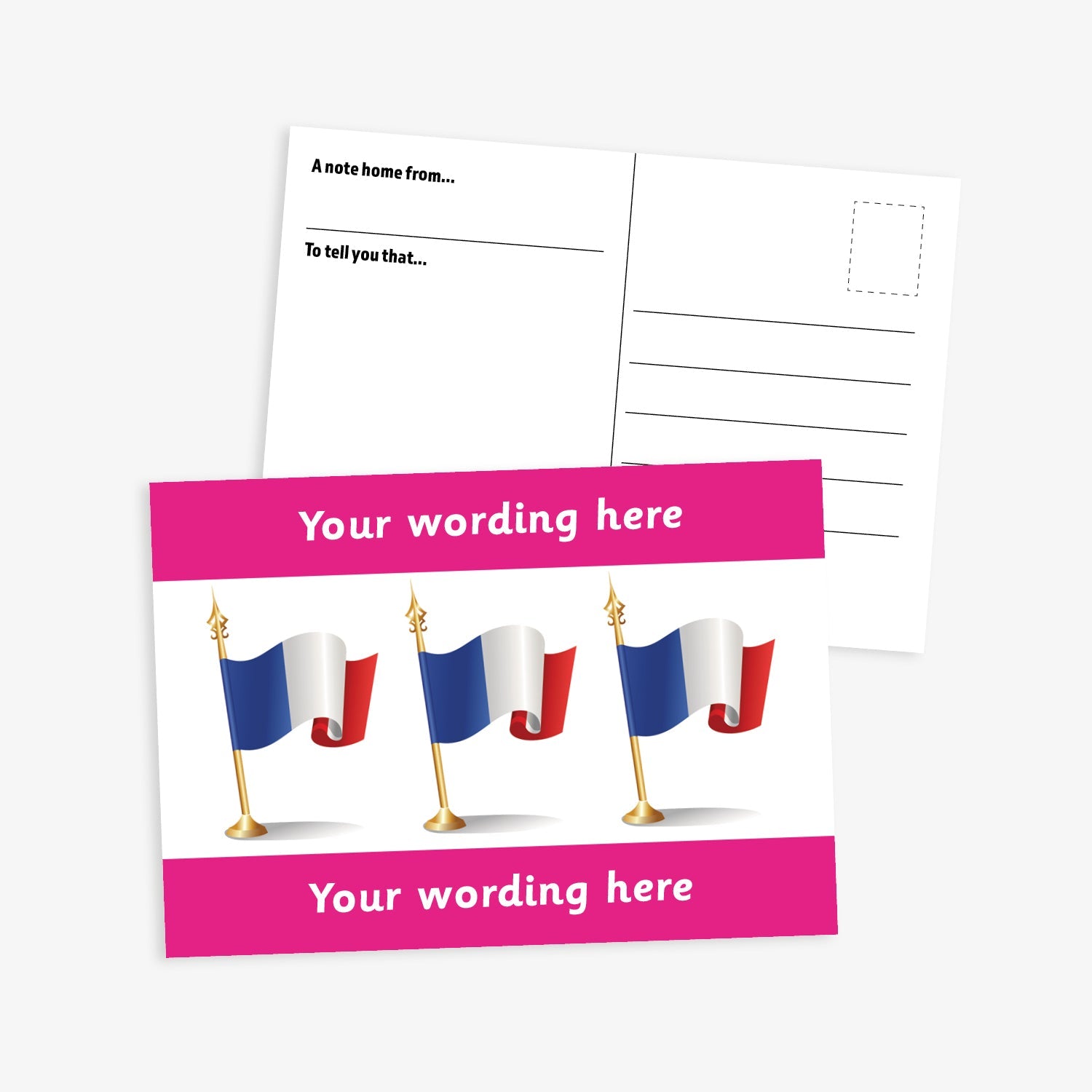 A6-sized personalised postcard featuring three French flags on gold poles against a white background, with customisable text areas above and below the flags in magento bands; reverse side includes space for a handwritten message and recipient address—ideal for engaging pupils in French language or cultural activities.