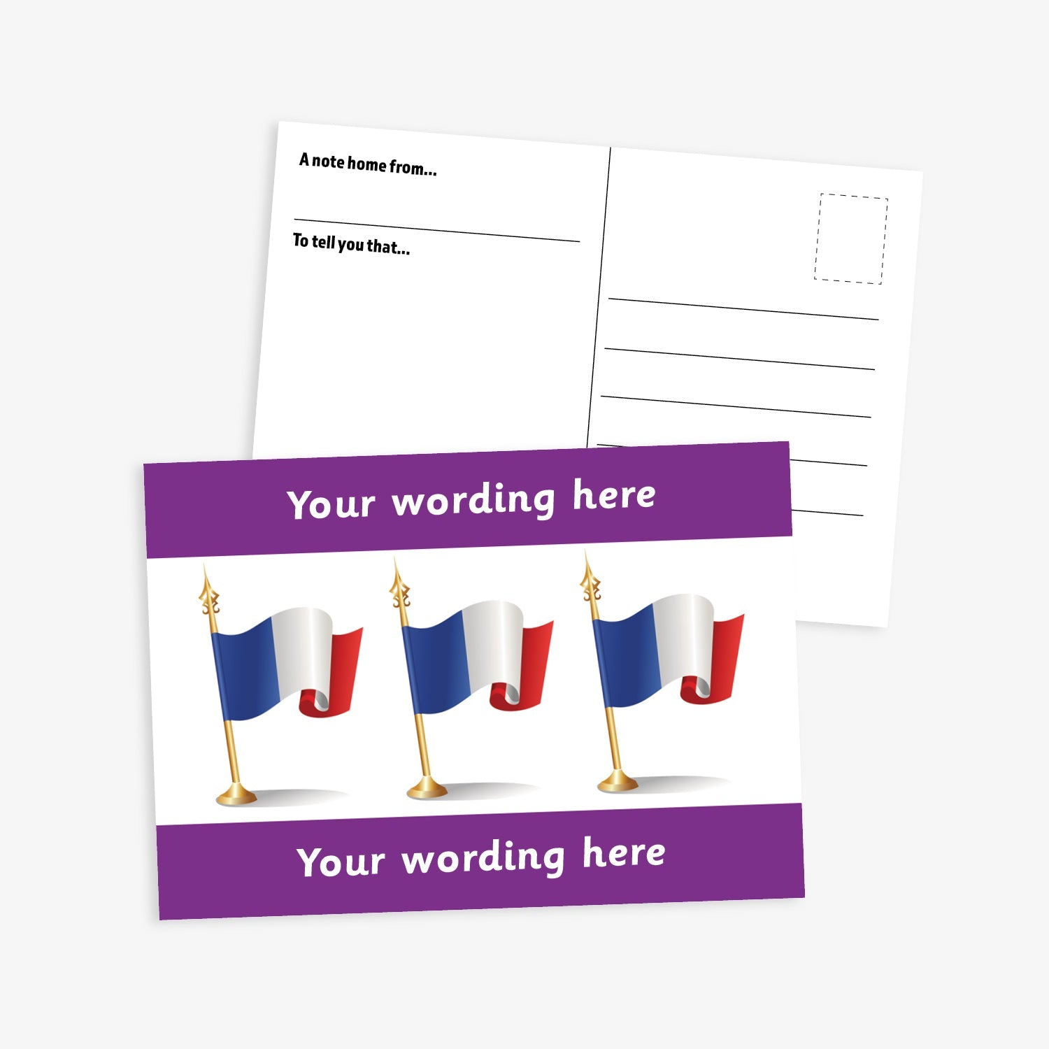 A6-sized personalised postcard featuring three French flags on gold poles against a white background, with customisable text areas above and below the flags in purple bands; reverse side includes space for a handwritten message and recipient address—ideal for engaging pupils in French language or cultural activities.