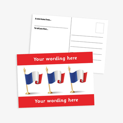 A6-sized personalised postcard featuring three French flags on gold poles against a white background, with customisable text areas above and below the flags in red bands; reverse side includes space for a handwritten message and recipient address—ideal for engaging pupils in French language or cultural activities.