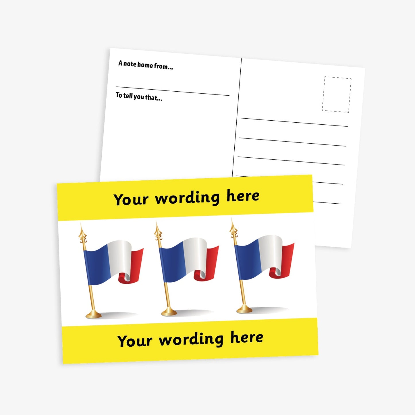 A6-sized personalised postcard featuring three French flags on gold poles against a white background, with customisable text areas above and below the flags in yellow bands; reverse side includes space for a handwritten message and recipient address—ideal for engaging pupils in French language or cultural activities.