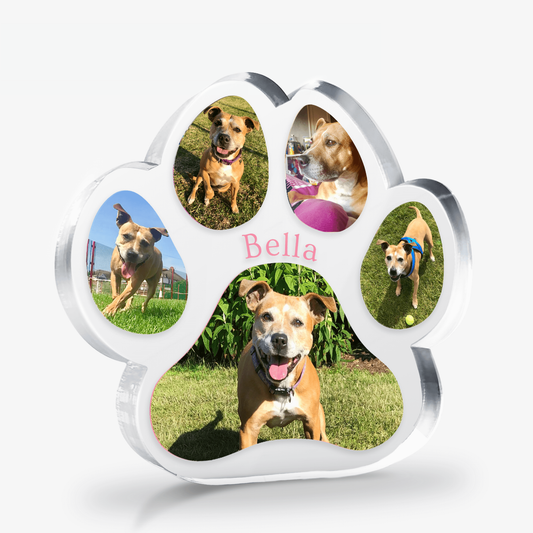 Paw-shaped free standing acrylic block with multiple photos of a dog and the name 'Bella'.