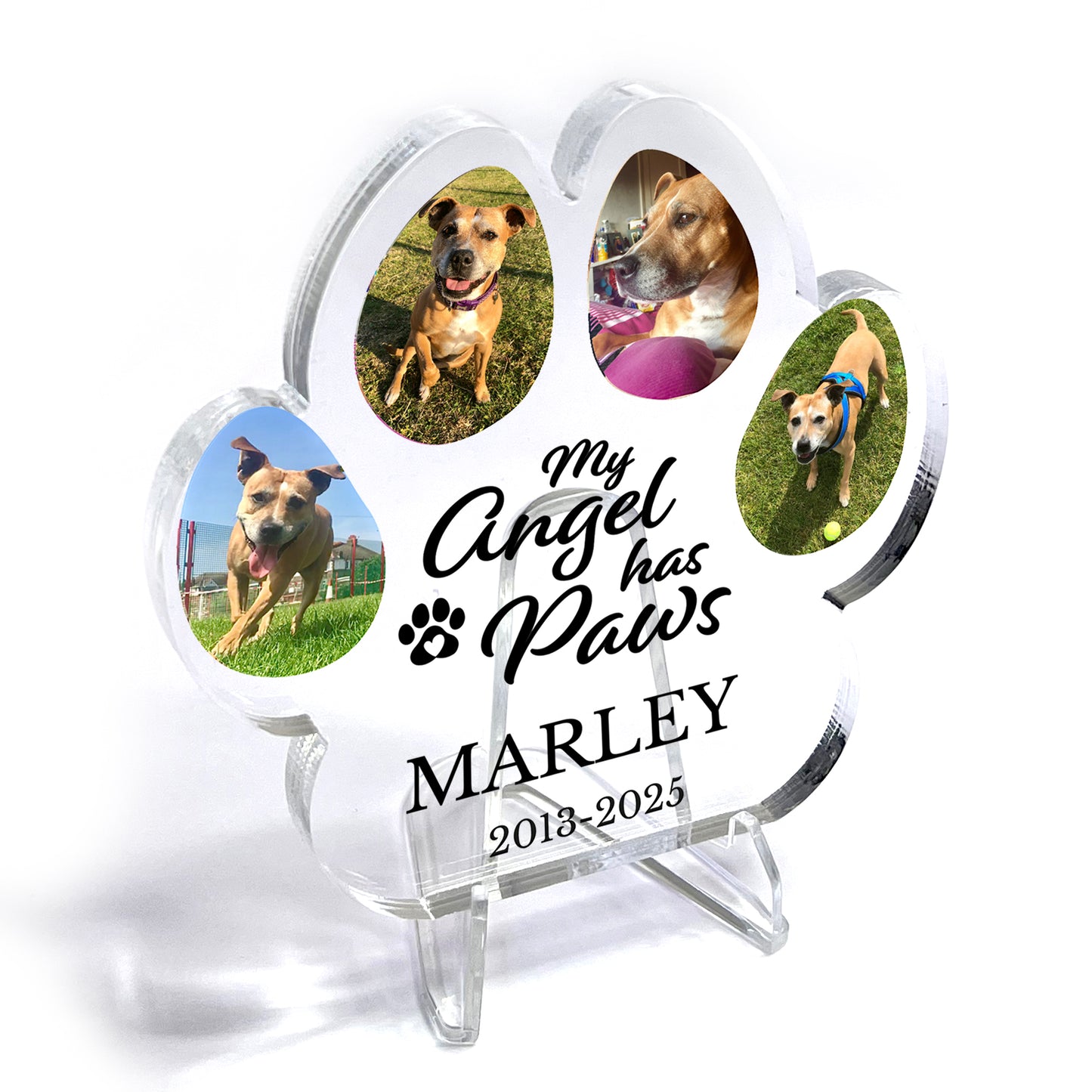 Memorial plaque with photos of a dog and text 'My Angel has Paws' on a white background