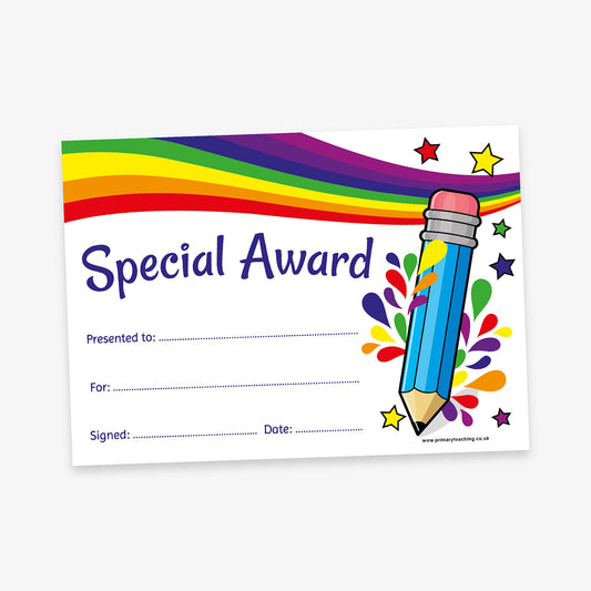 Colourful 'Special Award' certificate featuring a rainbow banner across the top and a large cartoon pencil with stars and splashes of colour on the right. Includes lines to fill in the recipient's name, reason for the award, signature, and date.
