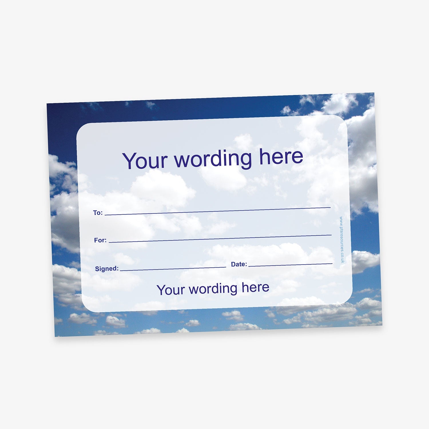 Customisable certificate featuring a background of a blue sky with fluffy white clouds, overlaid with a white text box containing fields for recipient name, reason, date, signature, and two areas for personalised wording.