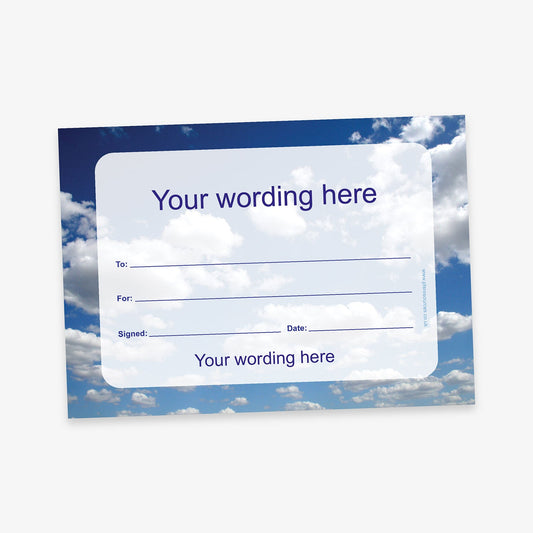 Customisable certificate featuring a background of a blue sky with fluffy white clouds, overlaid with a white text box containing fields for recipient name, reason, date, signature, and two areas for personalised wording.