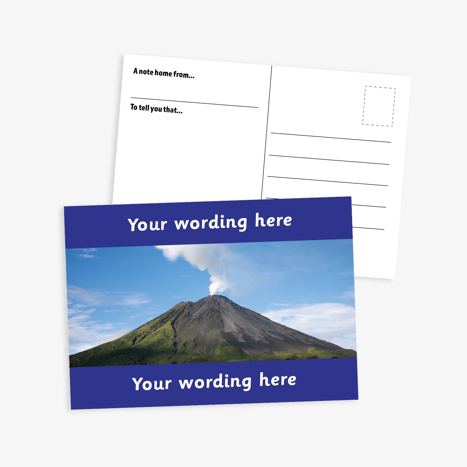 Personalised Volcano A6 Postcard –  features a striking photograph of an active volcano emitting a plume of smoke against a clear blue sky. The image is bordered by blue bands at the top and bottom, where custom text can be added. The reverse side includes space for a handwritten message and address, making it perfect for use in geography lessons or as a motivational reward.