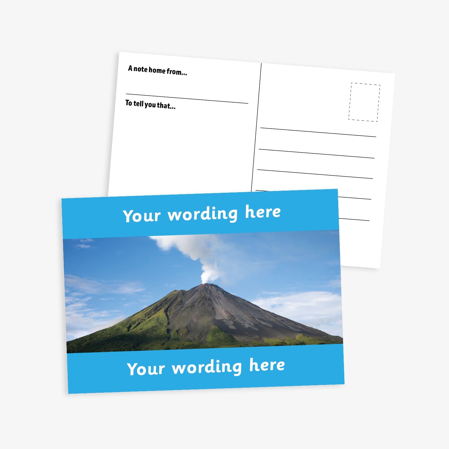 Personalised Volcano A6 Postcard –  features a striking photograph of an active volcano emitting a plume of smoke against a clear blue sky. The image is bordered by cyan bands at the top and bottom, where custom text can be added. The reverse side includes space for a handwritten message and address, making it perfect for use in geography lessons or as a motivational reward.