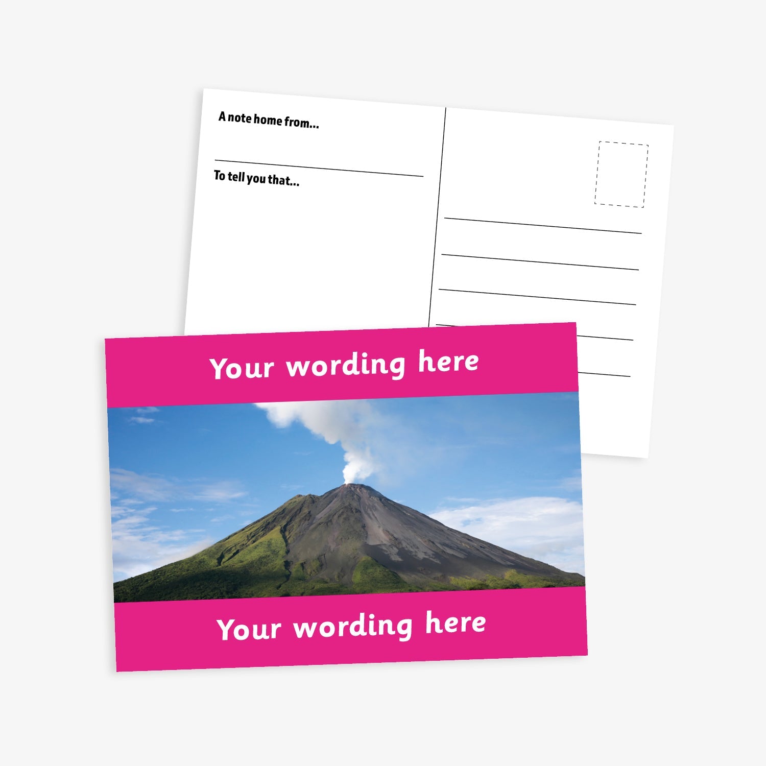 Personalised Volcano A6 Postcard –  features a striking photograph of an active volcano emitting a plume of smoke against a clear blue sky. The image is bordered by magenta bands at the top and bottom, where custom text can be added. The reverse side includes space for a handwritten message and address, making it perfect for use in geography lessons or as a motivational reward.