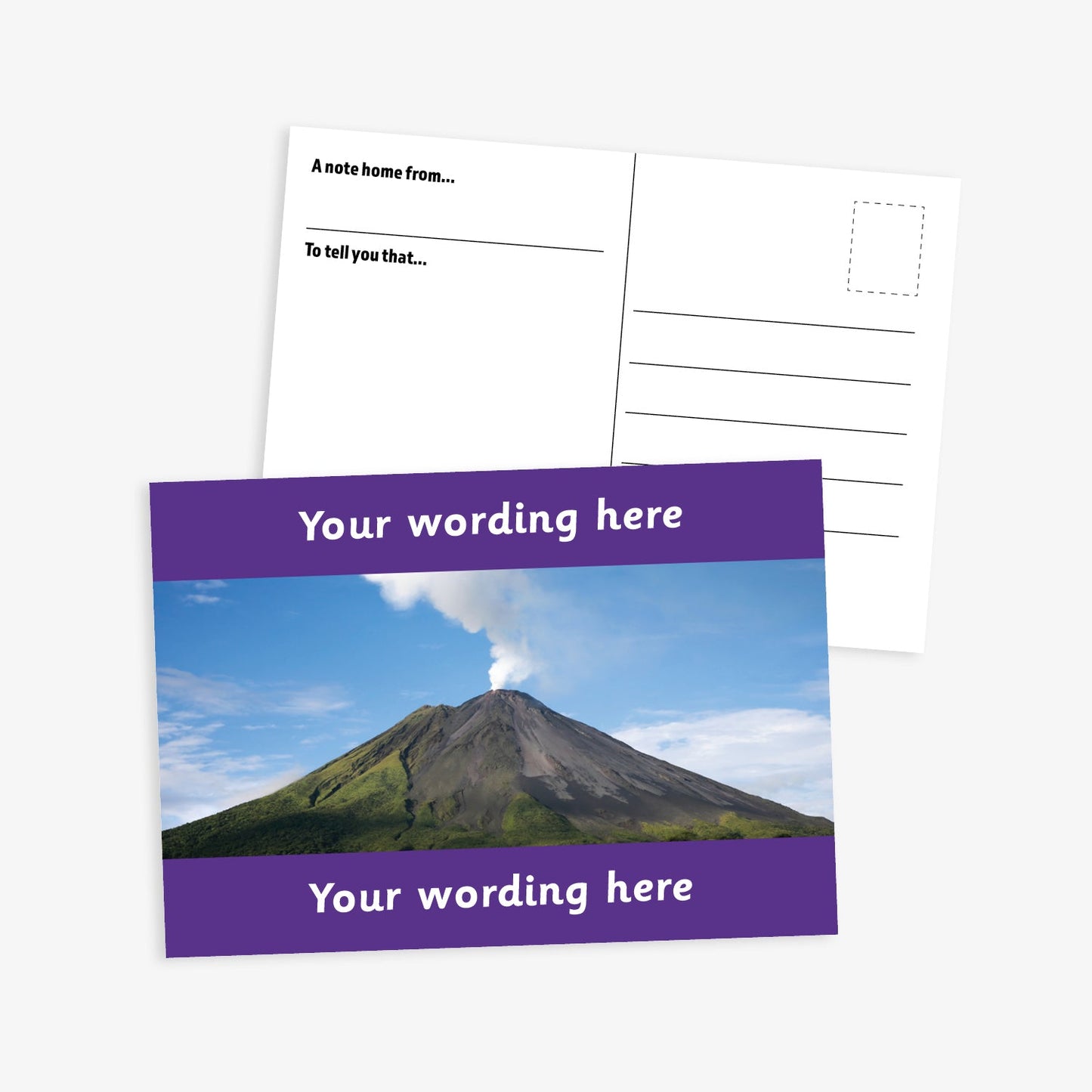 Personalised Volcano A6 Postcard –  features a striking photograph of an active volcano emitting a plume of smoke against a clear blue sky. The image is bordered by purple bands at the top and bottom, where custom text can be added. The reverse side includes space for a handwritten message and address, making it perfect for use in geography lessons or as a motivational reward.