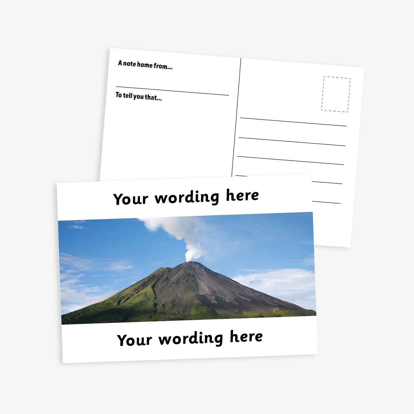 Personalised Volcano A6 Postcard –  features a striking photograph of an active volcano emitting a plume of smoke against a clear blue sky. The image is bordered by white bands at the top and bottom, where custom text can be added. The reverse side includes space for a handwritten message and address, making it perfect for use in geography lessons or as a motivational reward.