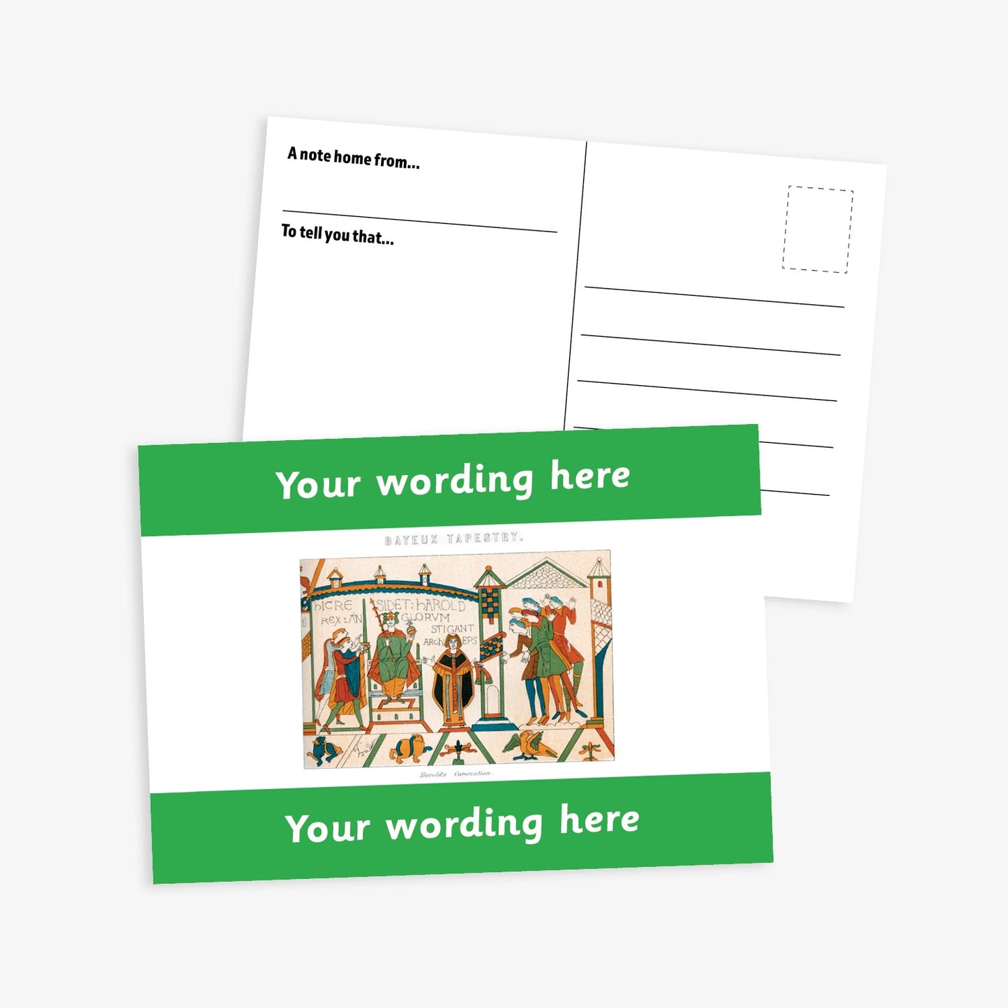 A6-sized personalised postcard featuring a central panel depicting a scene from the Bayeux Tapestry, bordered by bright blue bands above and below with customisable white text; reverse side includes space for a handwritten message and recipient address—ideal for engaging pupils in history-themed activities.
