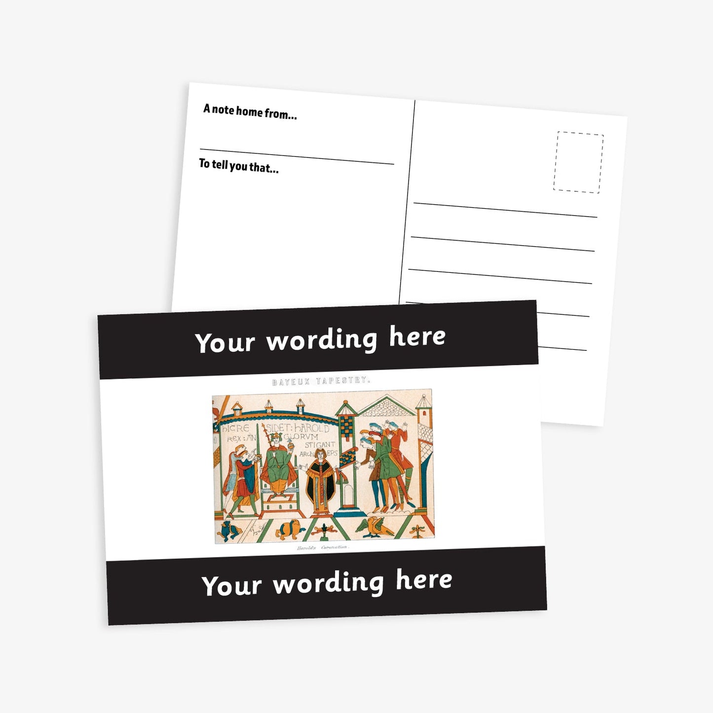 A6-sized personalised postcard featuring a central panel depicting a scene from the Bayeux Tapestry, bordered by green bands above and below with customisable white text; reverse side includes space for a handwritten message and recipient address—ideal for engaging pupils in history-themed activities.