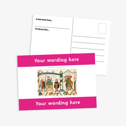 A6-sized personalised postcard featuring a central panel depicting a scene from the Bayeux Tapestry, bordered by black bands above and below with customisable white text; reverse side includes space for a handwritten message and recipient address—ideal for engaging pupils in history-themed activities.