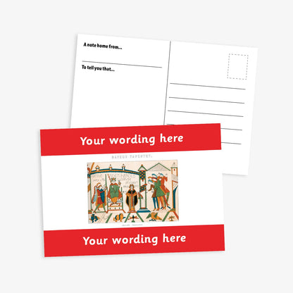 A6-sized personalised postcard featuring a central panel depicting a scene from the Bayeux Tapestry, bordered by bright pink bands above and below with customisable white text; reverse side includes space for a handwritten message and recipient address—ideal for engaging pupils in history-themed activities.