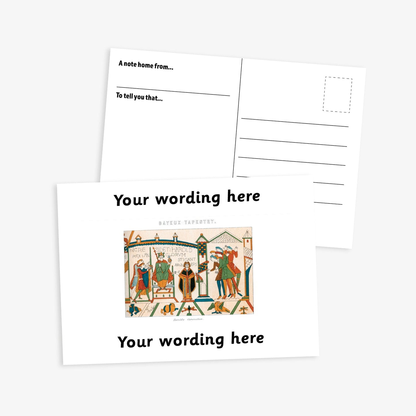 A6-sized personalised postcard featuring a central panel depicting a scene from the Bayeux Tapestry, bordered by red bands above and below with customisable white text; reverse side includes space for a handwritten message and recipient address—ideal for engaging pupils in history-themed activities.