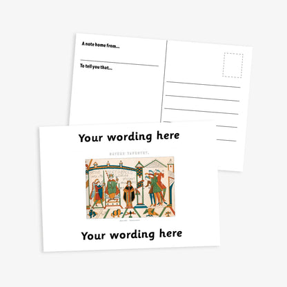 A6-sized personalised postcard featuring a central panel depicting a scene from the Bayeux Tapestry, bordered by red bands above and below with customisable white text; reverse side includes space for a handwritten message and recipient address—ideal for engaging pupils in history-themed activities.