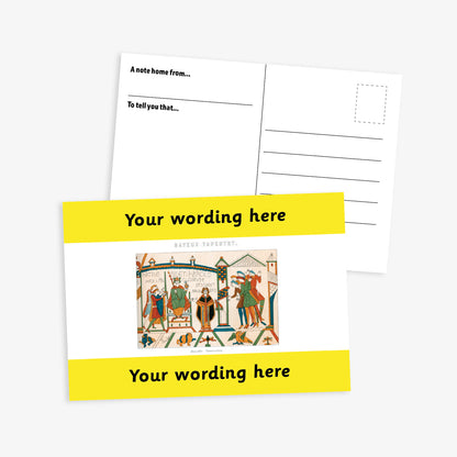A6-sized personalised postcard featuring a central panel depicting a scene from the Bayeux Tapestry, bordered by white bands above and below with customisableblack text; reverse side includes space for a handwritten message and recipient address—ideal for engaging pupils in history-themed activities.