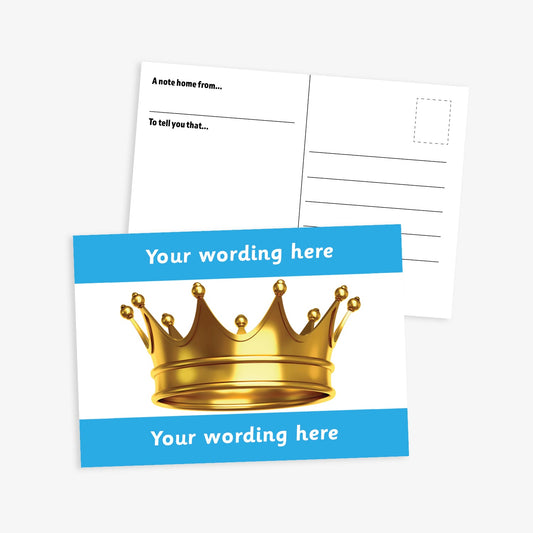 A6-sized personalised postcard featuring a golden crown on a white background; bordered by cyan bands above and below with customisable white text; ideal for recognising pupil achievements.