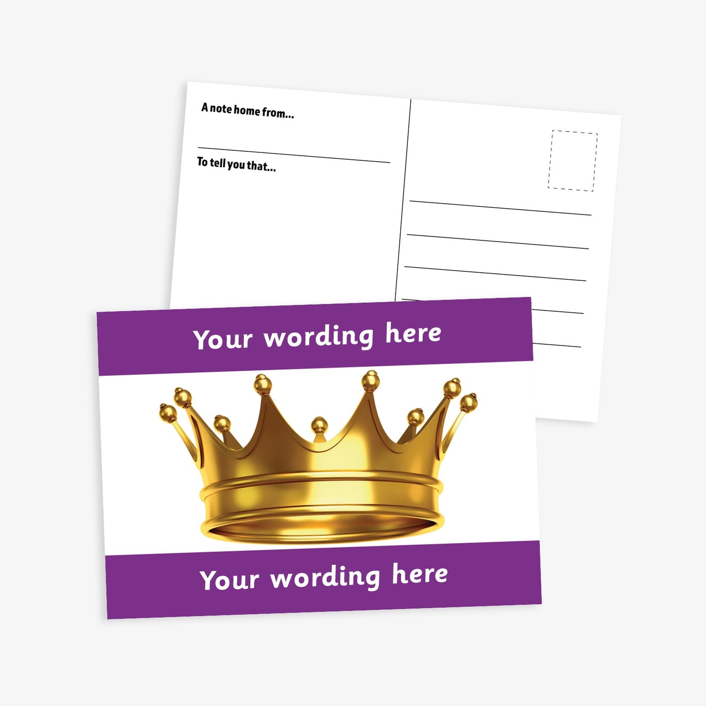 A6-sized personalised postcard featuring a golden crown on a white background; bordered by purple bands above and below with customisable white text; ideal for recognising pupil achievements.