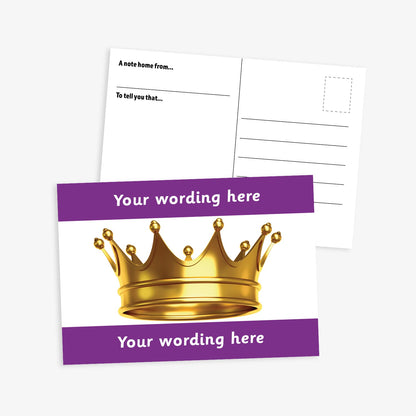 A6-sized personalised postcard featuring a golden crown on a white background; bordered by purple bands above and below with customisable white text; ideal for recognising pupil achievements.
