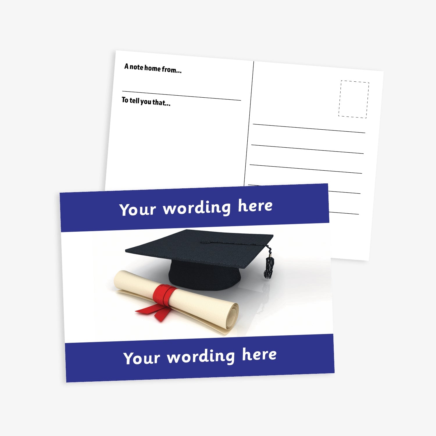 An A6-sized personalised graduation postcard featuring a scroll and mortarboard icon.  Dark blue borders to the top and bottom of postcard have space for personalisation. Designed to celebrate pupils moving up a class at the end of the school year.