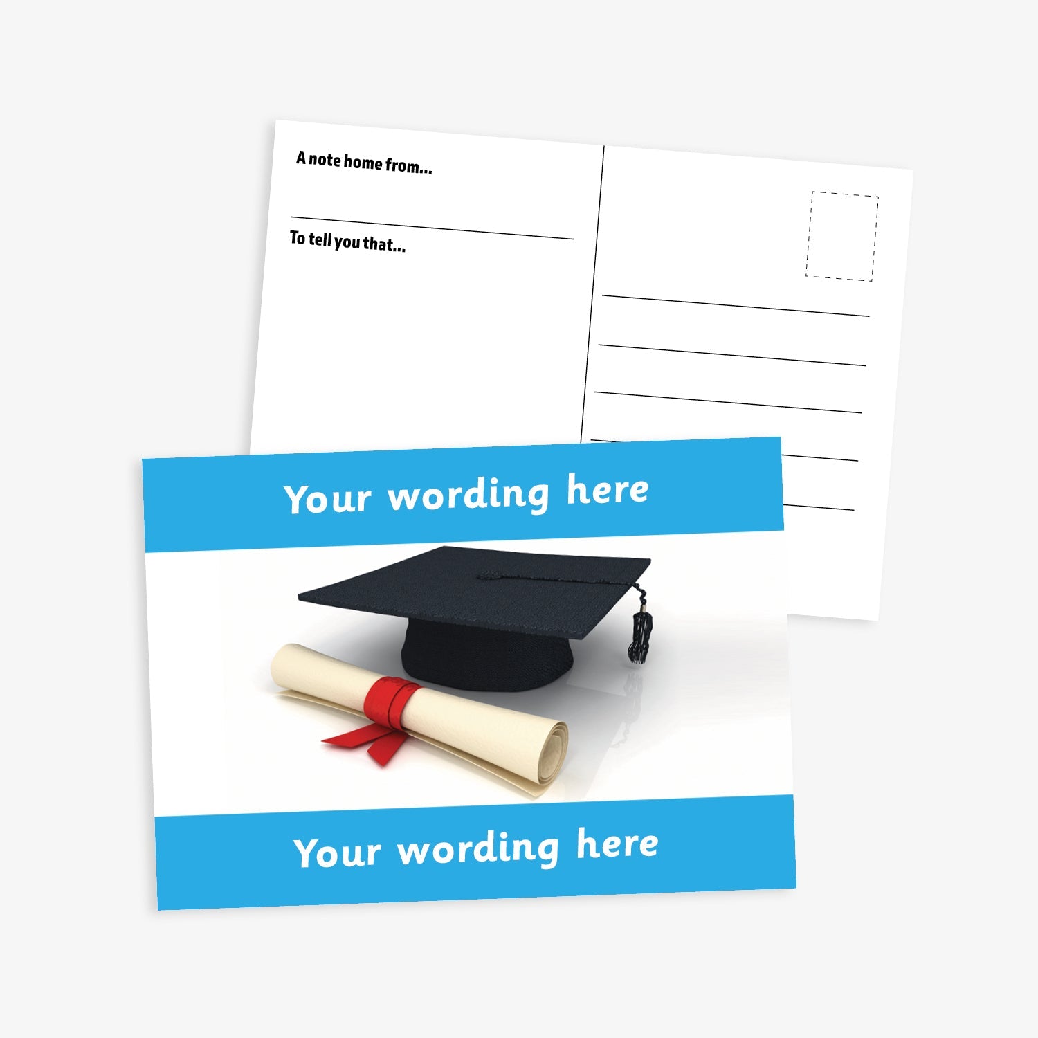 An A6-sized personalised graduation postcard featuring a scroll and mortarboard icon.  Cyan borders to the top and bottom of postcard have space for personalisation. Designed to celebrate pupils moving up a class at the end of the school year.