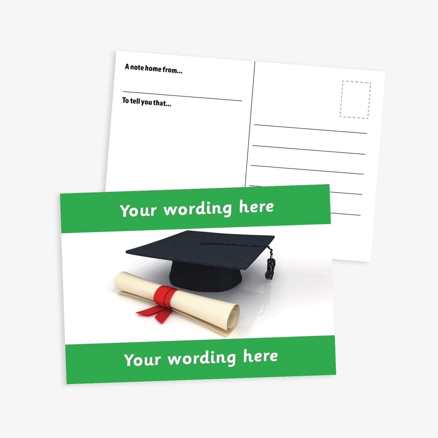 An A6-sized personalised graduation postcard featuring a scroll and mortarboard icon.  Green borders to the top and bottom of postcard have space for personalisation. Designed to celebrate pupils moving up a class at the end of the school year.
