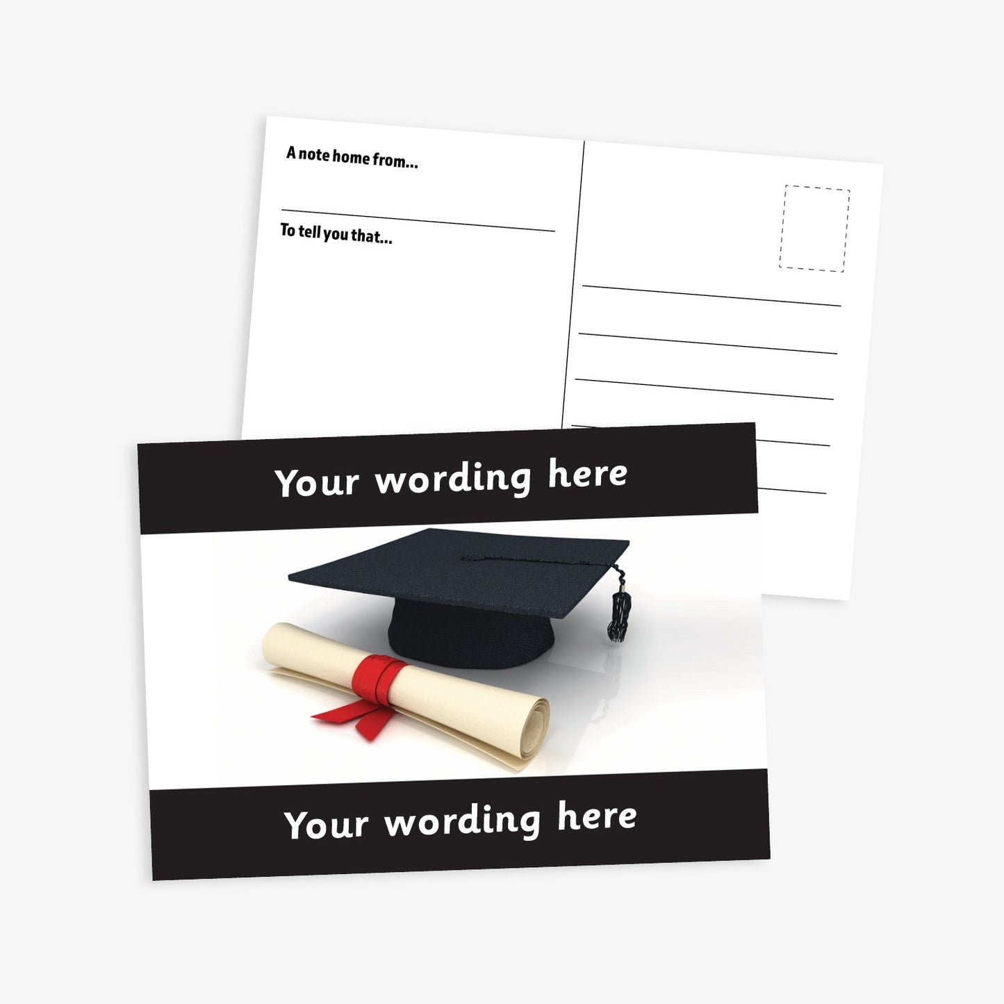 An A6-sized personalised graduation postcard featuring a scroll and mortarboard icon.  Black borders to the top and bottom of postcard have space for personalisation. Designed to celebrate pupils moving up a class at the end of the school year.