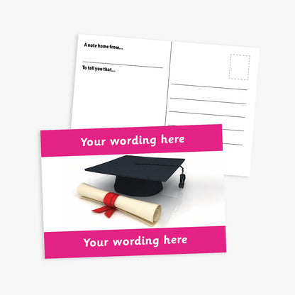 An A6-sized personalised graduation postcard featuring a scroll and mortarboard icon.  Magenta borders to the top and bottom of postcard have space for personalisation. Designed to celebrate pupils moving up a class at the end of the school year.