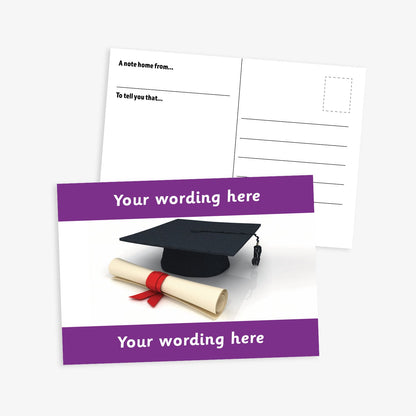 An A6-sized personalised graduation postcard featuring a scroll and mortarboard icon.  Purple borders to the top and bottom of postcard have space for personalisation. Designed to celebrate pupils moving up a class at the end of the school year.