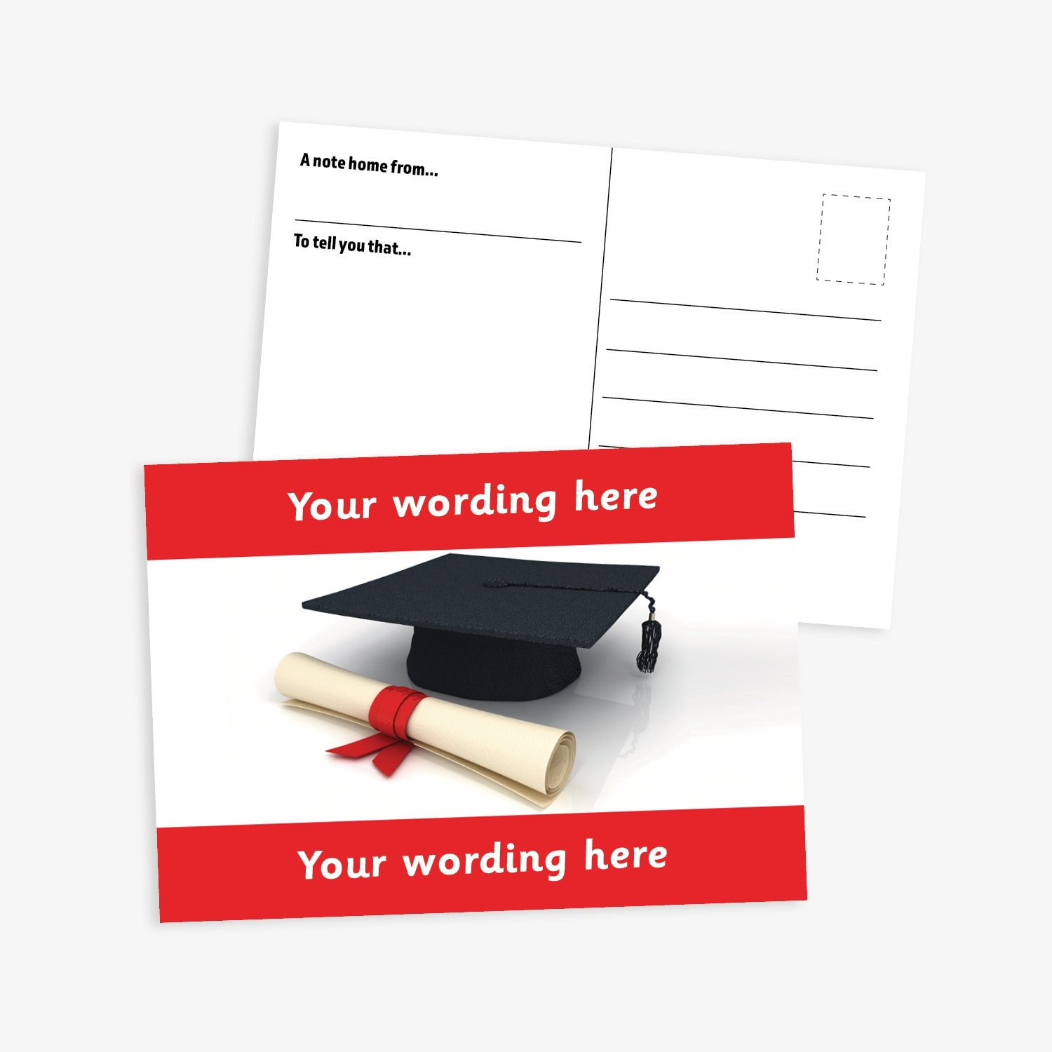 An A6-sized personalised graduation postcard featuring a scroll and mortarboard icon.  Red borders to the top and bottom of postcard have space for personalisation. Designed to celebrate pupils moving up a class at the end of the school year.