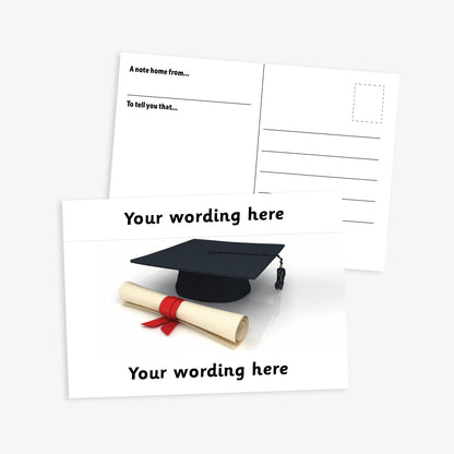 An A6-sized personalised graduation postcard featuring a scroll and mortarboard icon.  White borders to the top and bottom of postcard have space for personalisation. Designed to celebrate pupils moving up a class at the end of the school year.