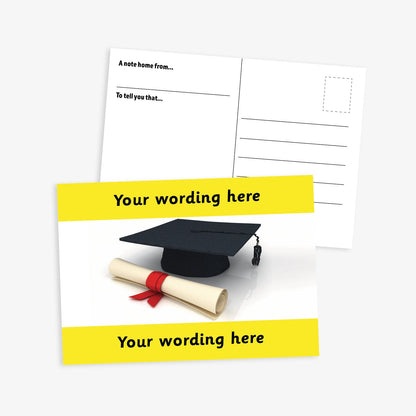 An A6-sized personalised graduation postcard featuring a scroll and mortarboard icon.  Yellow borders to the top and bottom of postcard have space for personalisation. Designed to celebrate pupils moving up a class at the end of the school year.