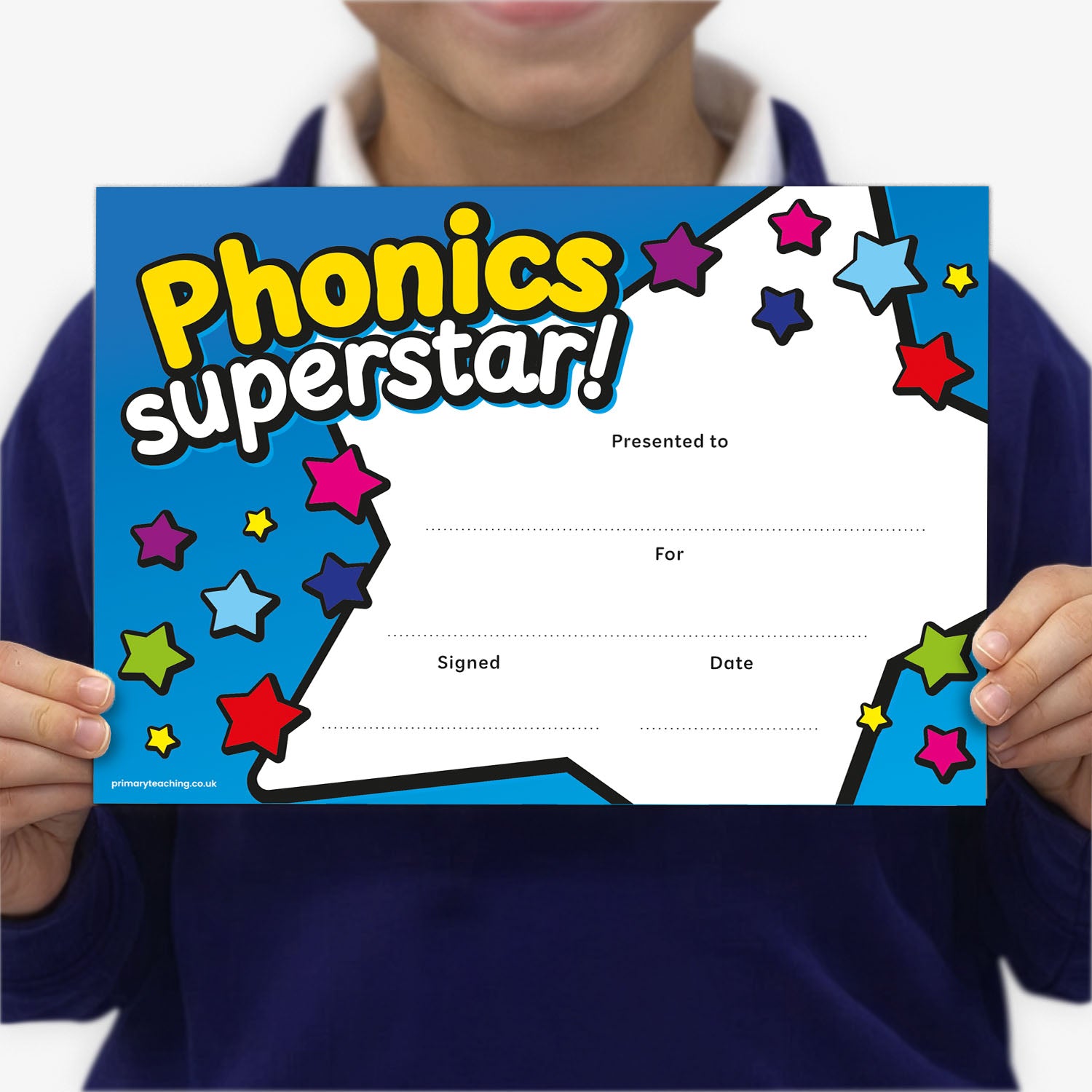 Colourful 'Phonics Superstar' certificate with star design on a blue background. Held by pupil.