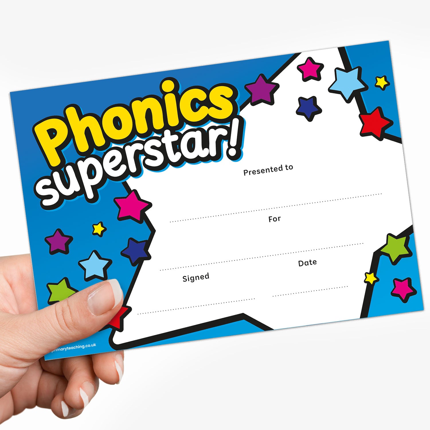 Colourful 'Phonics Superstar' certificate with star design on a blue background. Held in hand.