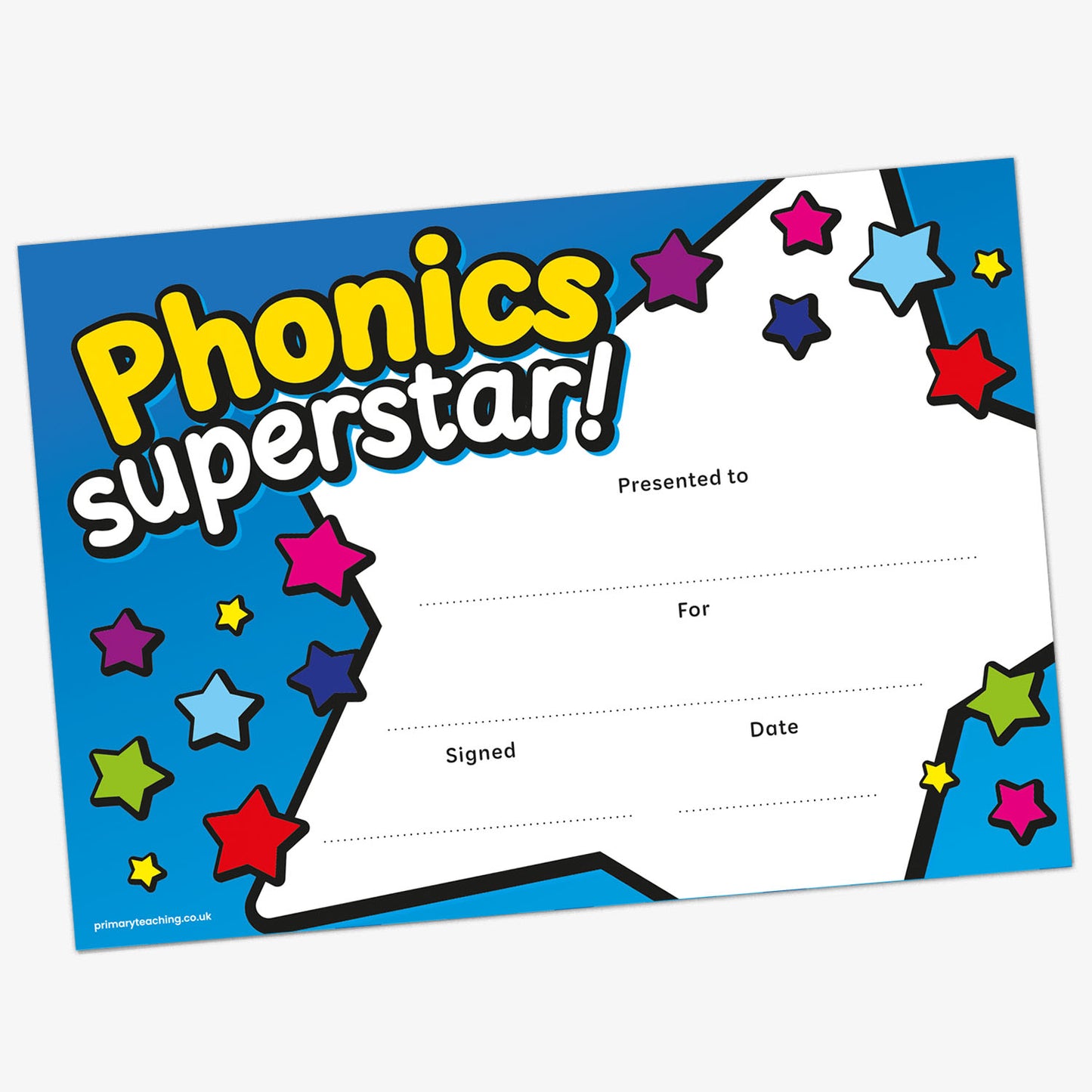 Colourful 'Phonics Superstar' certificate with star design on a blue background.