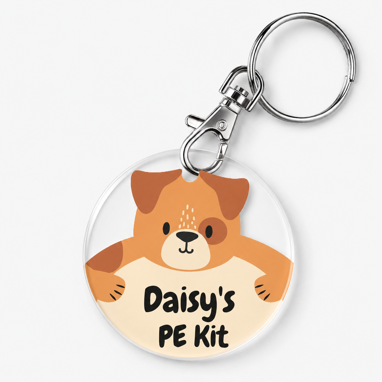 A personalized acrylic bag tag featuring a dog and example text 'Daisy's PE Kit'. 