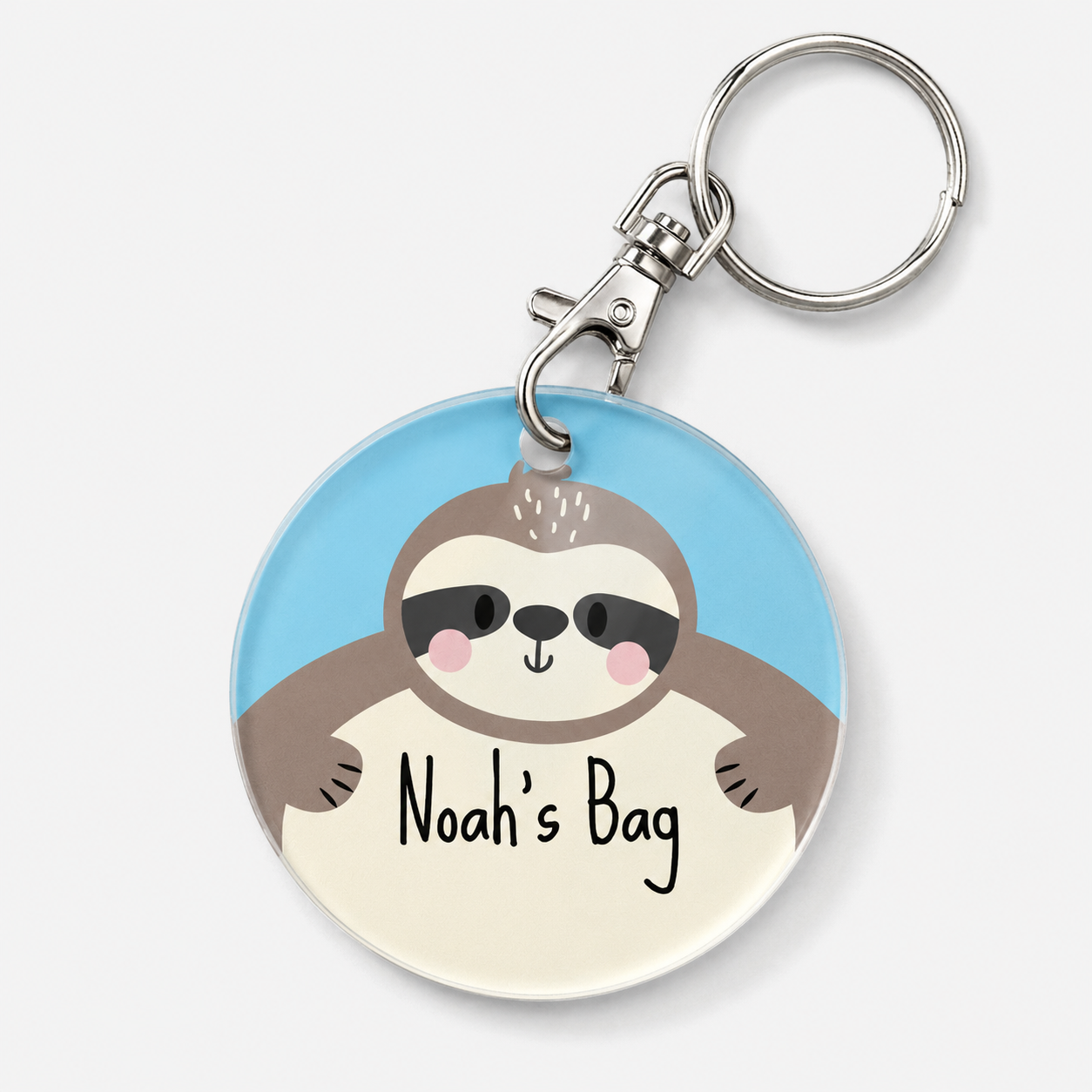 A personalized acrylic bag tag featuring a sloth and example text 'Noah's Bag'. 