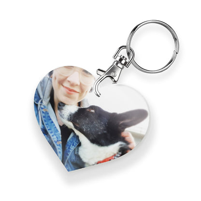 A personalised keyring featuring a heart photo frame design with a metal keychain and clasp. The photo shows a person with a dog 