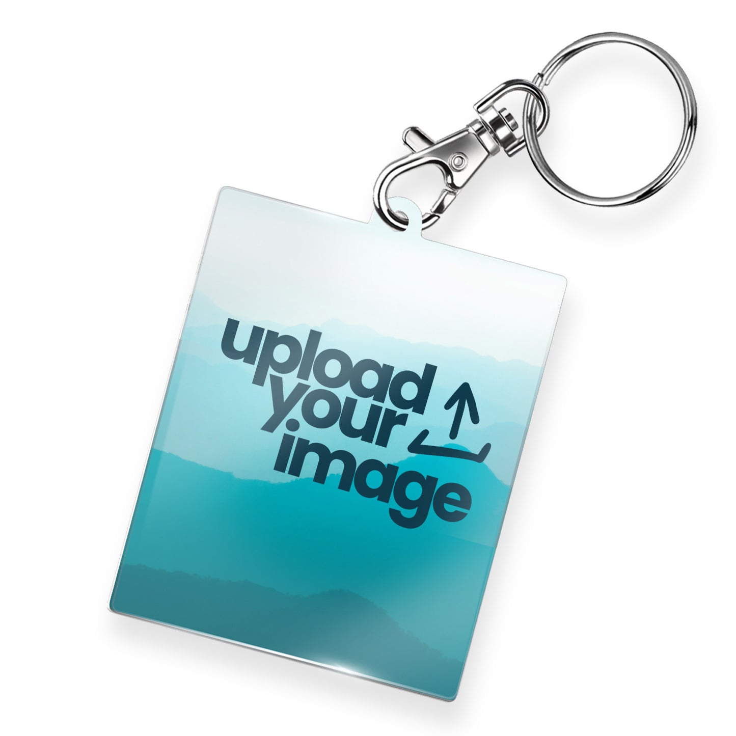A personalised keyring featuring a rectangular photo frame design with a metal keychain and clasp. The photo a cyan mountain background overlaid with an 'Upload your Image' icon. 