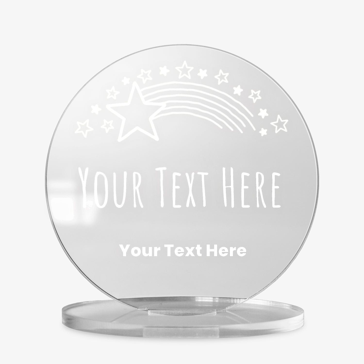 Clear round acrylic award with customisable text, featuring a shooting star and star motif design, displayed against a white background.