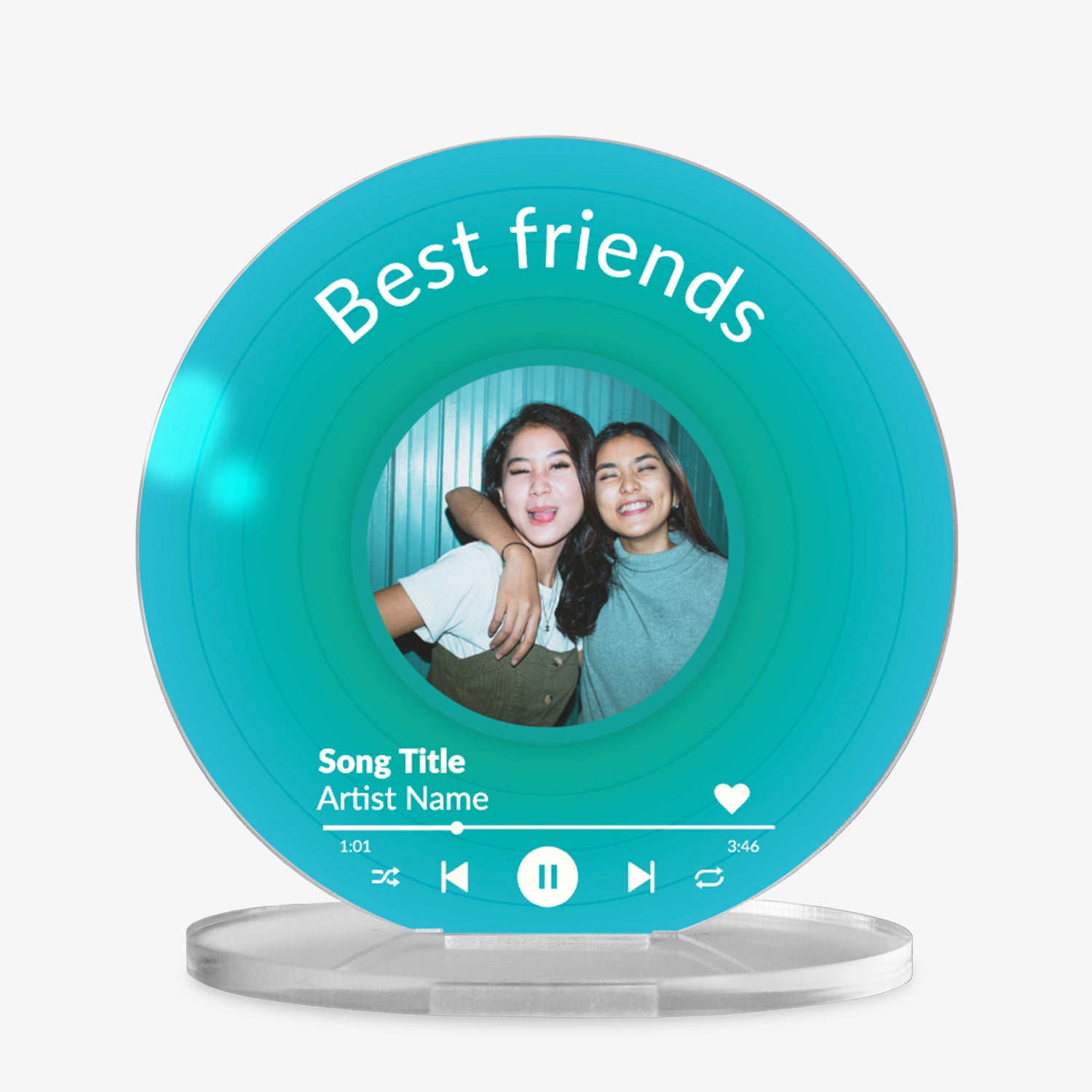 Acrylic custom vinyl record-style display with a cyan background with a circular photo in the centre, personalised text 'Best Friends' at the top, and a mock music player interface showing song title and artist name at the bottom.