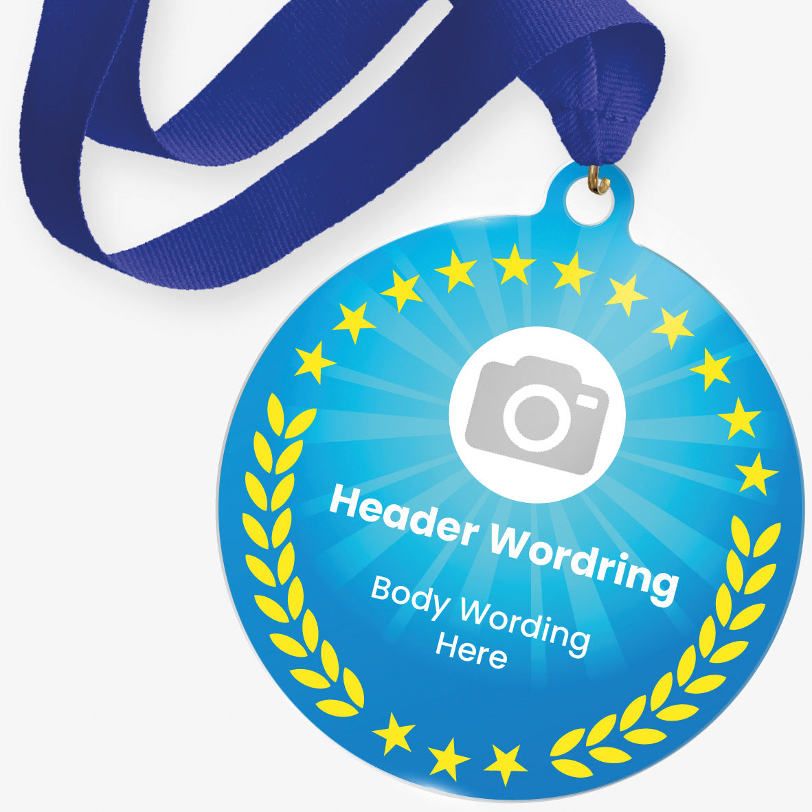 Cyan with yellow wreath and stars acrylic personalised medal with blue ribbon showing camera icon, and personalised wording.