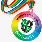Personalised acrylic medal with central logo upload and choice of wording around the edge. Rainbow ribbon.