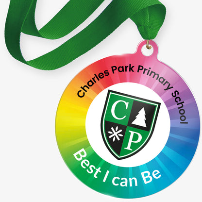 Medal with Charles Park Primary School logo and rainbow color gradient on a white background