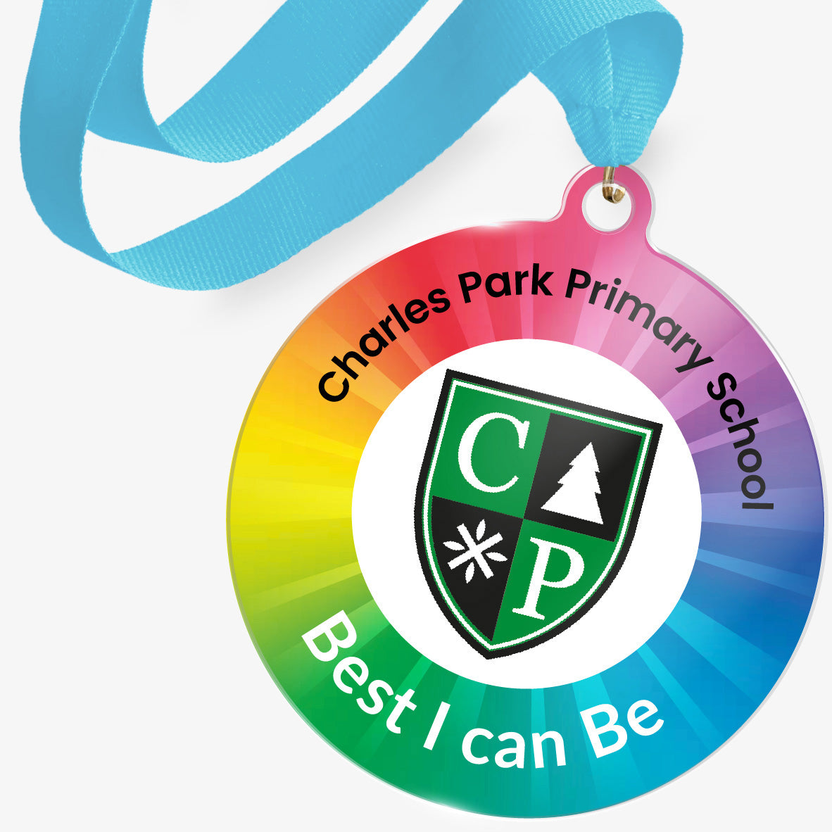 Medal with Charles Park Primary School logo and motivational text on a white background