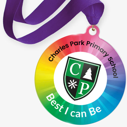 Medal with Charles Park Primary School logo and rainbow gradient on a white background