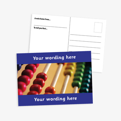 A dark blue bordered A6-sized personalised postcard featuring a close-up image of a traditional wooden abacus. The design includes customisable text areas above and below the image, allowing for personalised messages. The reverse side is formatted with recipient detail and address.  Available in 9 colour options.​