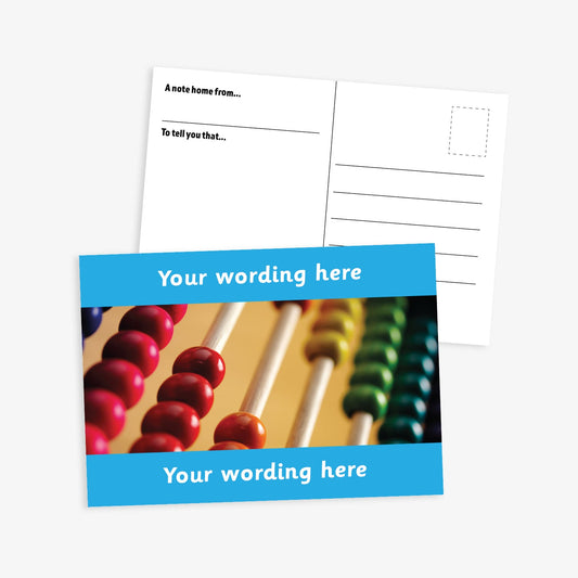 A cyan bordered A6-sized personalised postcard featuring a close-up image of a traditional wooden abacus. The design includes customisable text areas above and below the image, allowing for personalised messages. The reverse side is formatted with recipient detail and address.  Available in 9 colour options.​