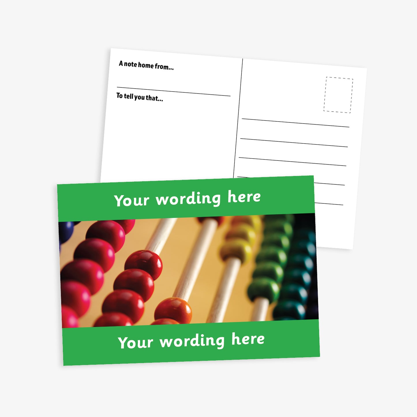 A green bordered A6-sized personalised postcard featuring a close-up image of a traditional wooden abacus. The design includes customisable text areas above and below the image, allowing for personalised messages. The reverse side is formatted with recipient detail and address.  Available in 9 colour options.​